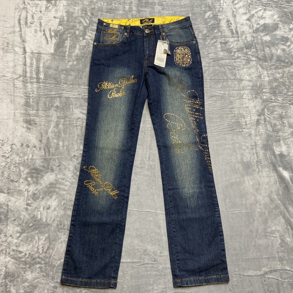 New Platinum Plush Straight Jeans Women's 9 Blue Million Dollar Babe Rhinestone